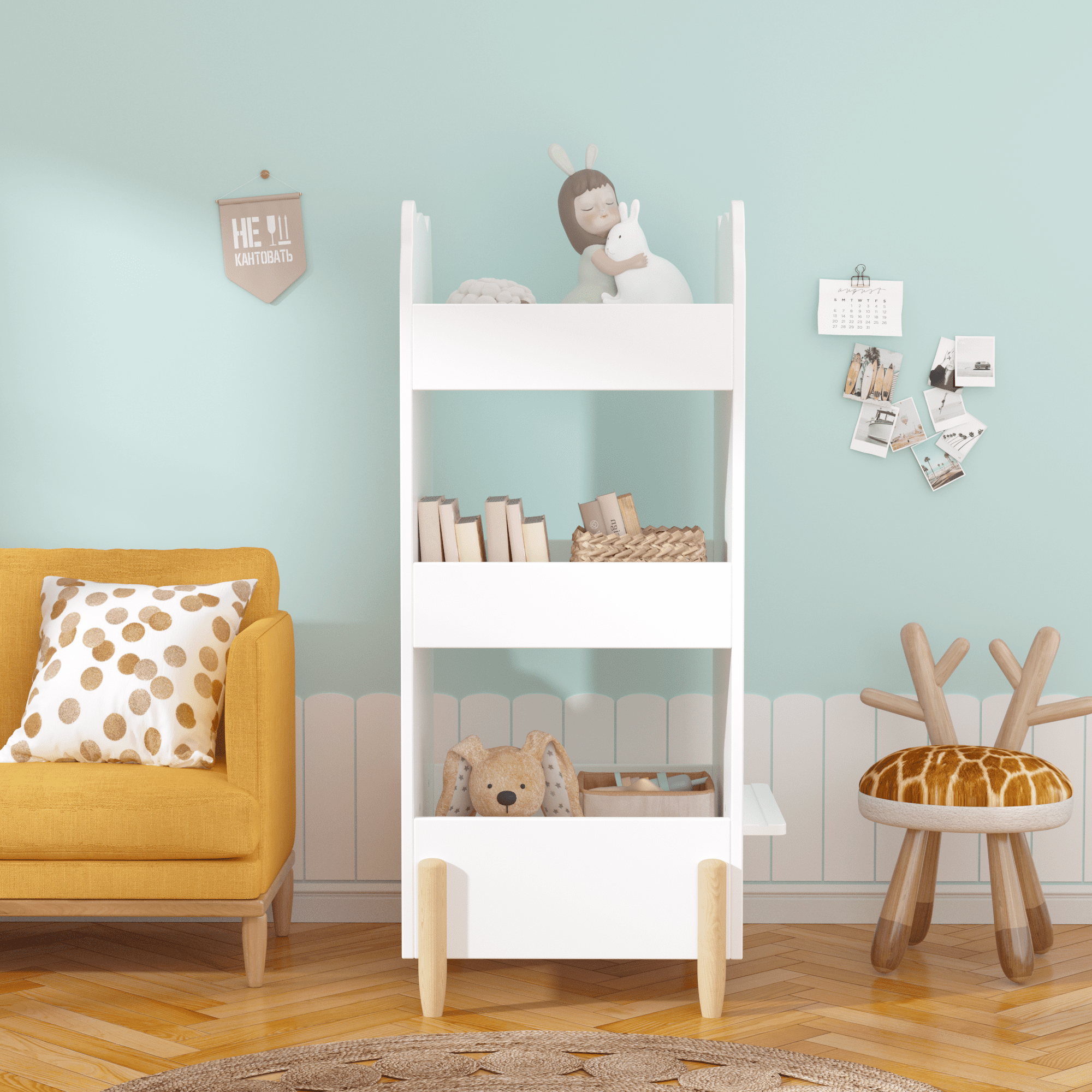 Kids Bookshelf with Chalkboard Side – Bear-Shaped Wooden Bookcase with 3-Tier Storage, Drawing Board for Toddlers, Toy and Book Organizer for Playroom or Bedroom – White
