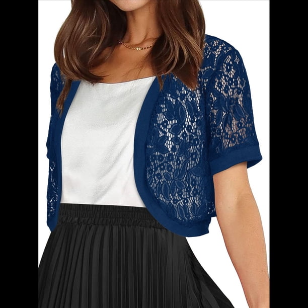 Cárdigan Corto Transparente de Verano con Encaje Floral y Mangas para Mujer Azul Marino S