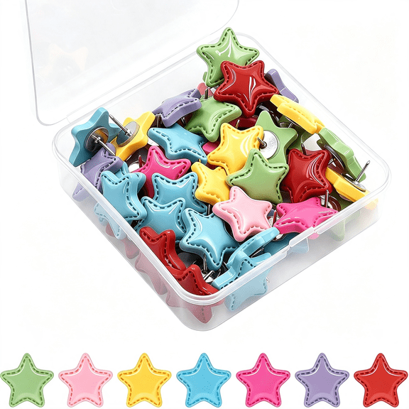 CCOCC Push Pins, 50 Pcs Star Push Pins for Bulletin Board, Cute Decorative Thumb Tacks for Cork Board, Mixed Color Pushpins with Storage Box for Office Classroom Home Decor
