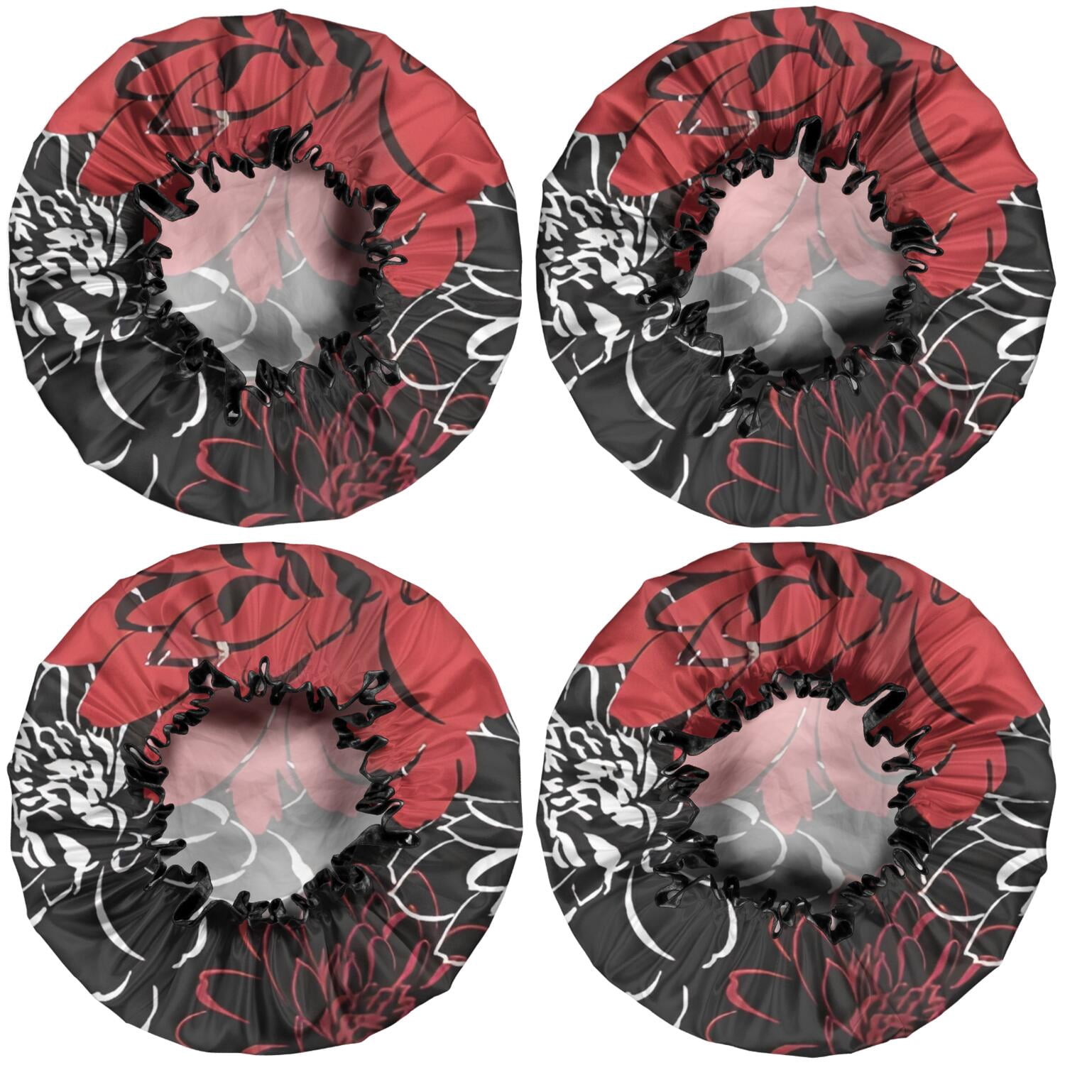 Shower Caps,Red and Black Pioneer Flower Pattern Waterproof Shower Cap for Women 4 Pieces,Double Reusable Hair Cover for Shower PEVA Elastic Stretch Hem