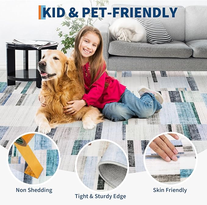 Living Room Rug 5x7, Machine Washbale Area Rugs Modern Geometric Patchwork Carpet Non-Slip Stain Resistant Farmhouse Door Mats Non-Shedding Foldable Rug for Dining Room, Bedroom, Blue