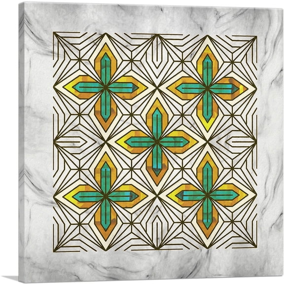 ARTCANVAS Art Deco Jade-Green Yellow Shapes on Gray Canvas Art Print - Size: 36" x 36" (1.50" Deep)