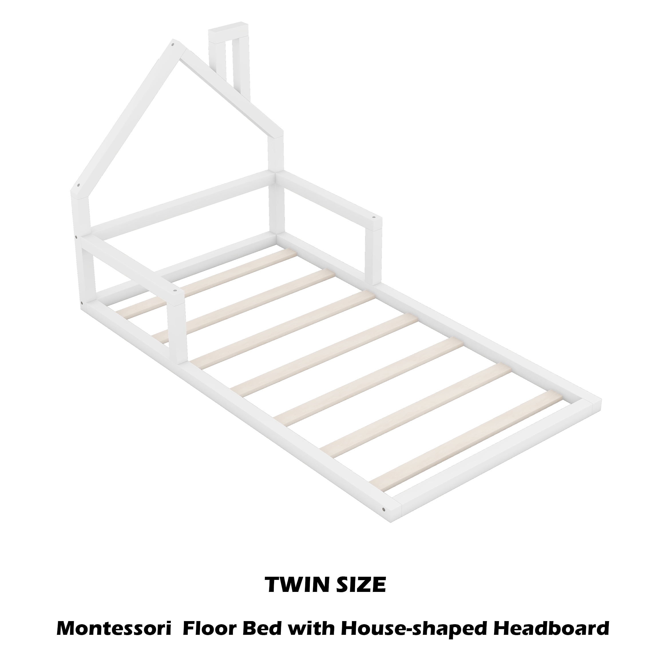Bellemave Twin Size Wood Floor Bed with House-shaped Headboard  Montessori Floor Bed with Rails and Wooden Slats, No Box Spring Needed, White
