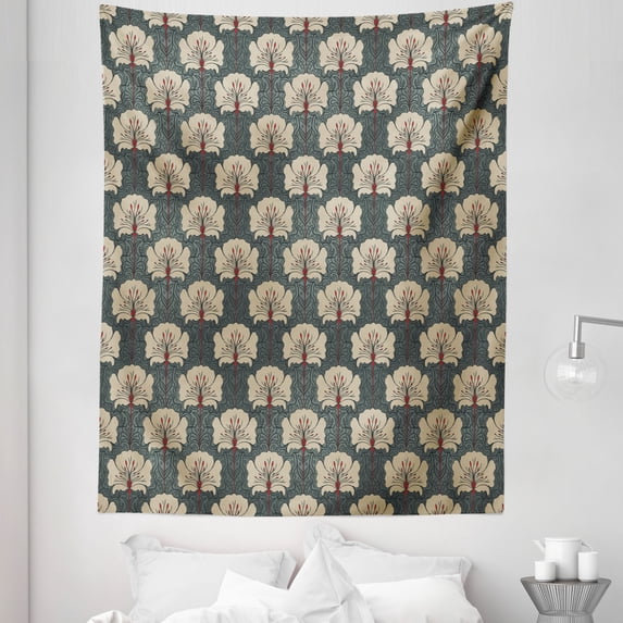 Floral Tapestry, Art Nouveau Style Romantic Poppy Flowers and Ornate Nature Design, Fabric Wall Hanging Decor for Bedroom Living Room Dorm, 5 Sizes, Tan Grey Vermilion, by Ambesonne