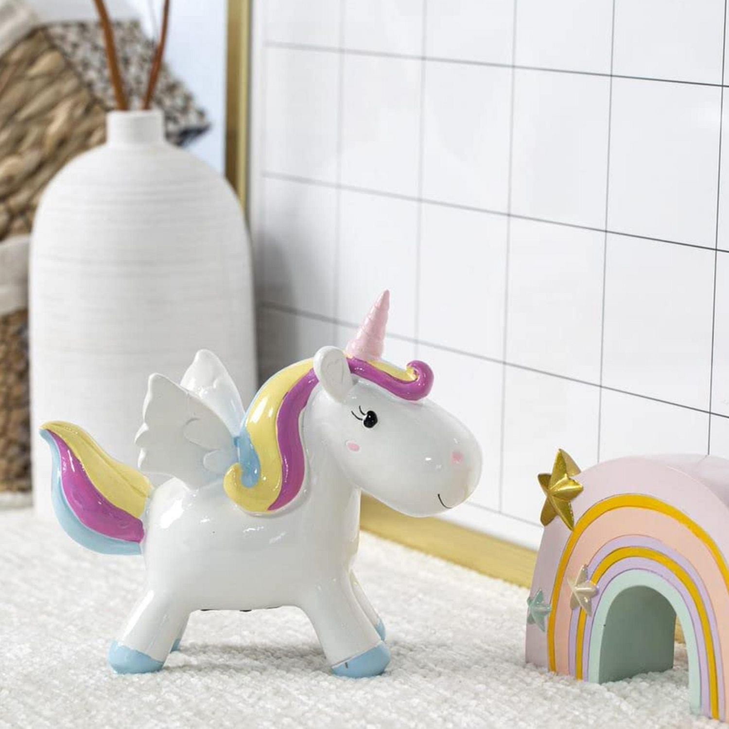 Truu Design Cute Novelty Polyresin Unicorn Kids Money Bank, 7.5 x 2.75 x 6.25 inches, Multicolour