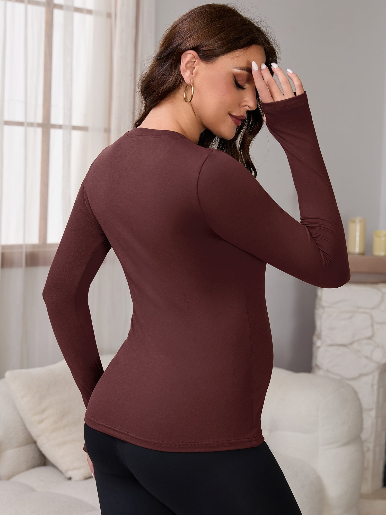 DARING DIVA Women's Maternity Stretchy Fitted Crew Neck Long Sleeve Tops XL Dark Red