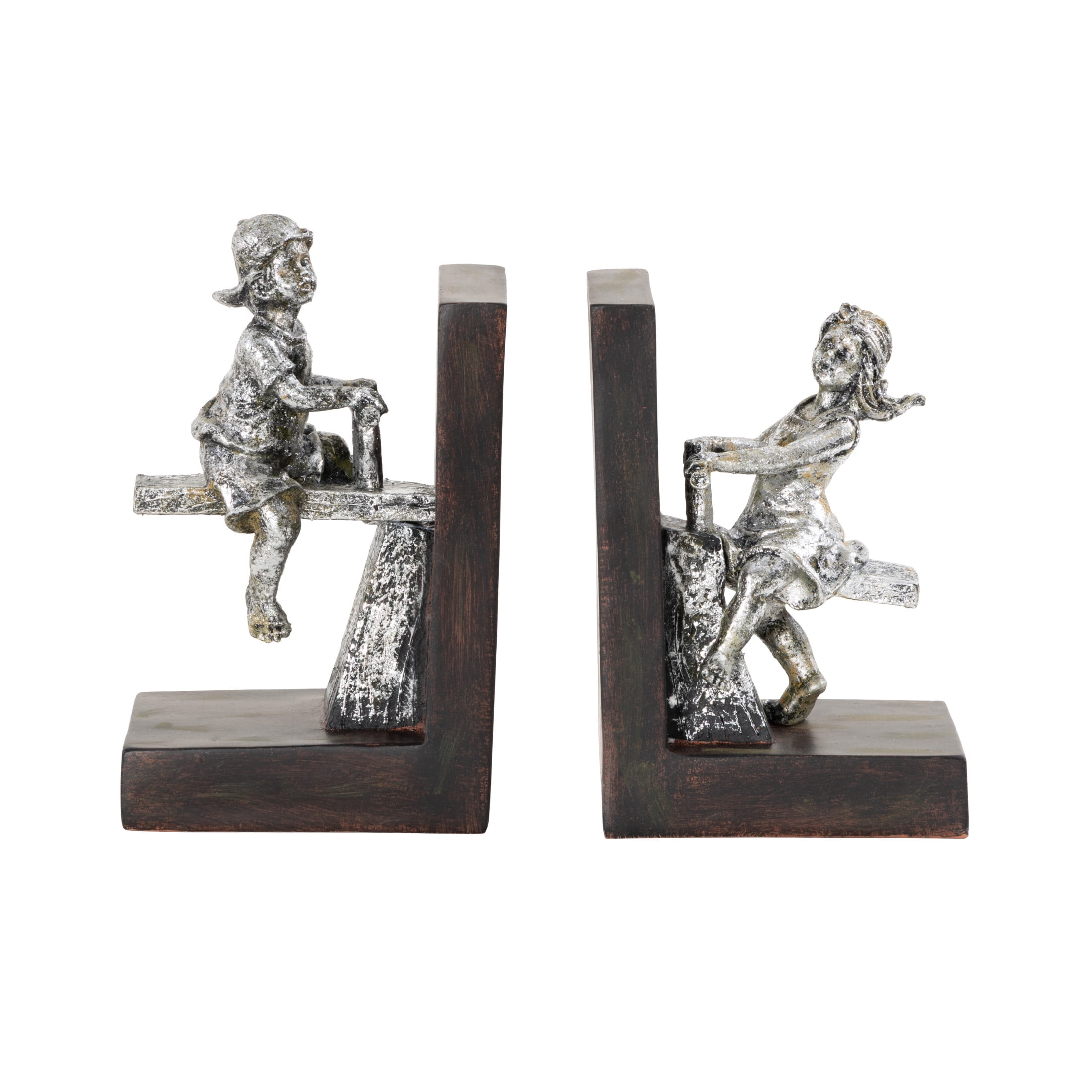 DecMode 4" People Brown Polystone Bookends with Swing Set (Set of 2)