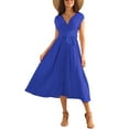 thumbnail image 2 of INSPIRE CHIC Robe Femme Manches Courtes Col en V Fluide à Volants Plissée Décontractée avec Ceinture Midi Robes L Bleu, 2 of 6
