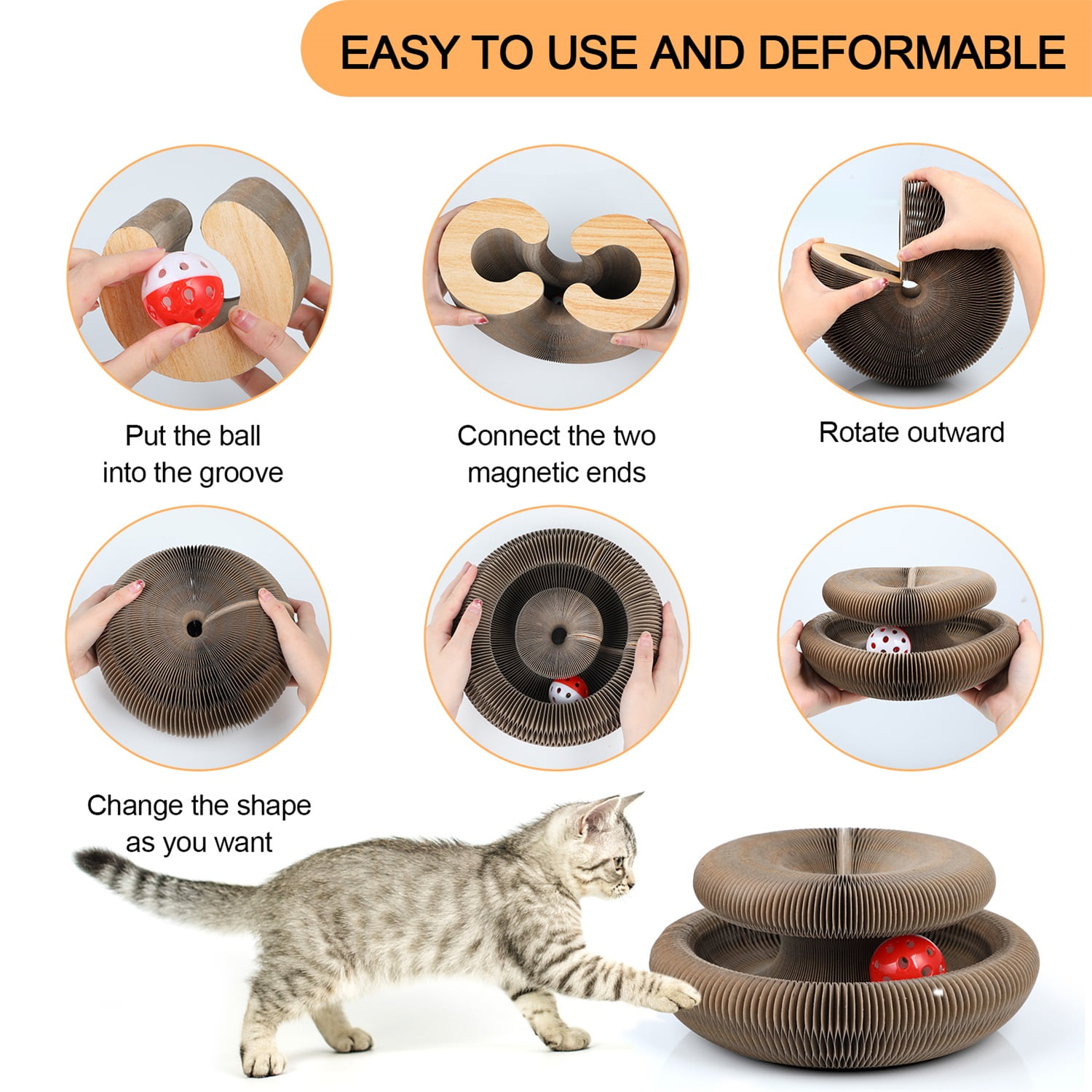 Pefilos 9" Magic Organ Cat Scratching Board, Interactive Scratch Pad with a Ball, Reversible Cat Scratcher for Grinding Claw, Retractable, Brown Pefilos 9" Magic Organ Cat Scratching Board, Interactive Scratch Pad with a Ball, Reversible Cat Scratcher for Grinding Claw, Retractable, Brown