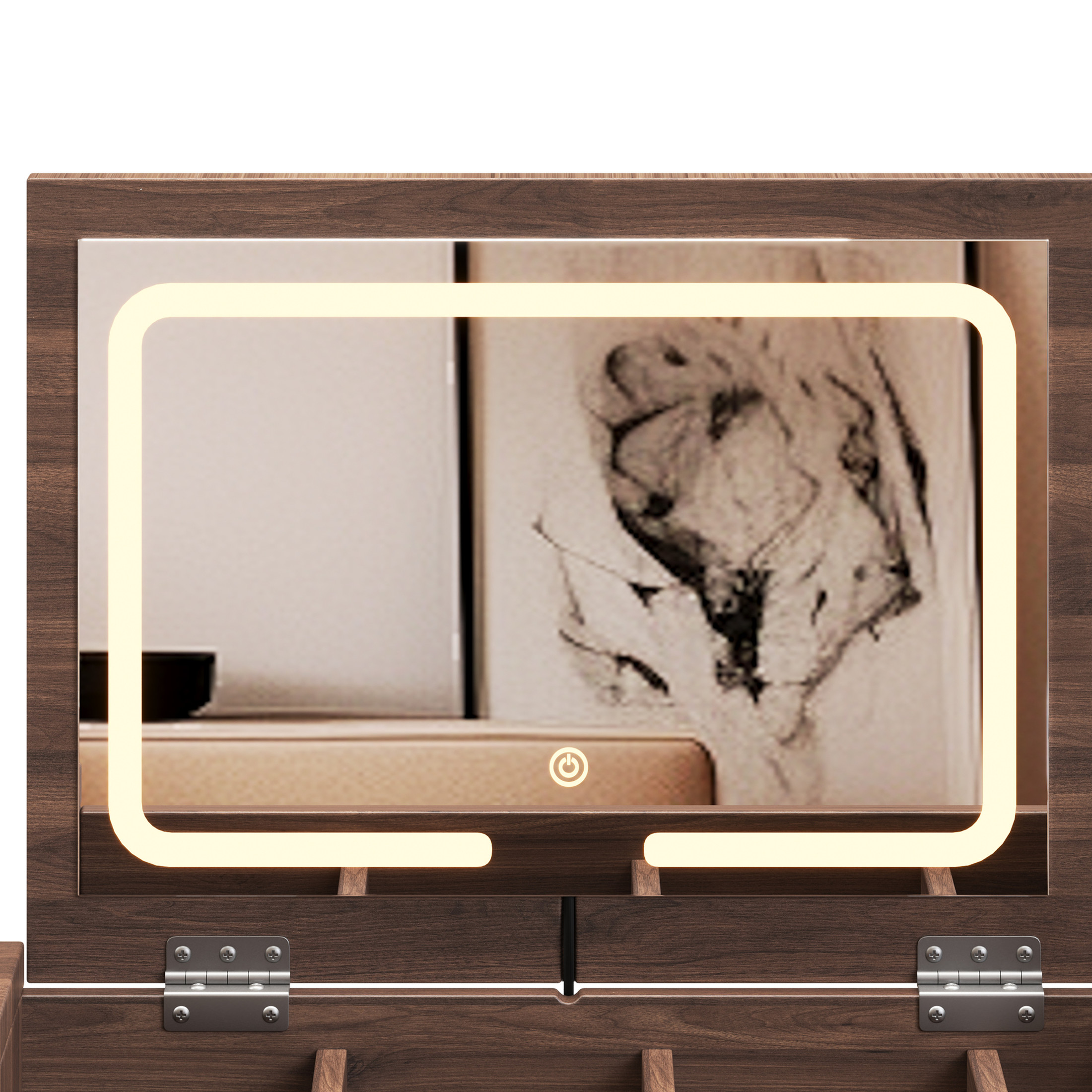Noble House 39"  Vanity Desk with LED Lighted Mirror, Flip-Top Design, 3 Drawers and 10 Compartments,Walnut