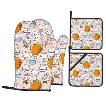 

Oven Mitts and Pot Holders Sets 4 pcs Cute Bunny Carrot Bottle Pink Non-Slip Oven Gloves Potholders Soft Quilted Lining Heat Resistant Gloves Hot Pads for Kitchen Cooking Baking