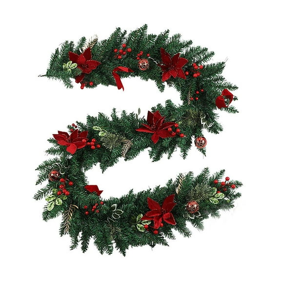Artificial Christmas Pine Garland 5.9 Ft Garland with Poinsettia Red Berry Balls Winter Greenery Garland Traditional Holiday for Holiday Mantle Stairs Stairs Indoor Outdoor Xmas Decor