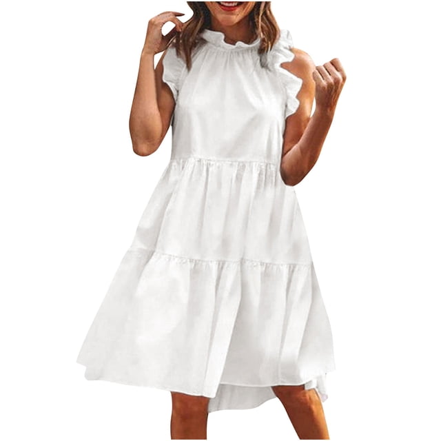 LOVZFMLL Robes d'Été pour Femmes Couleur Unie Mode Décontractée Col Montant Sans Manches Col Rond