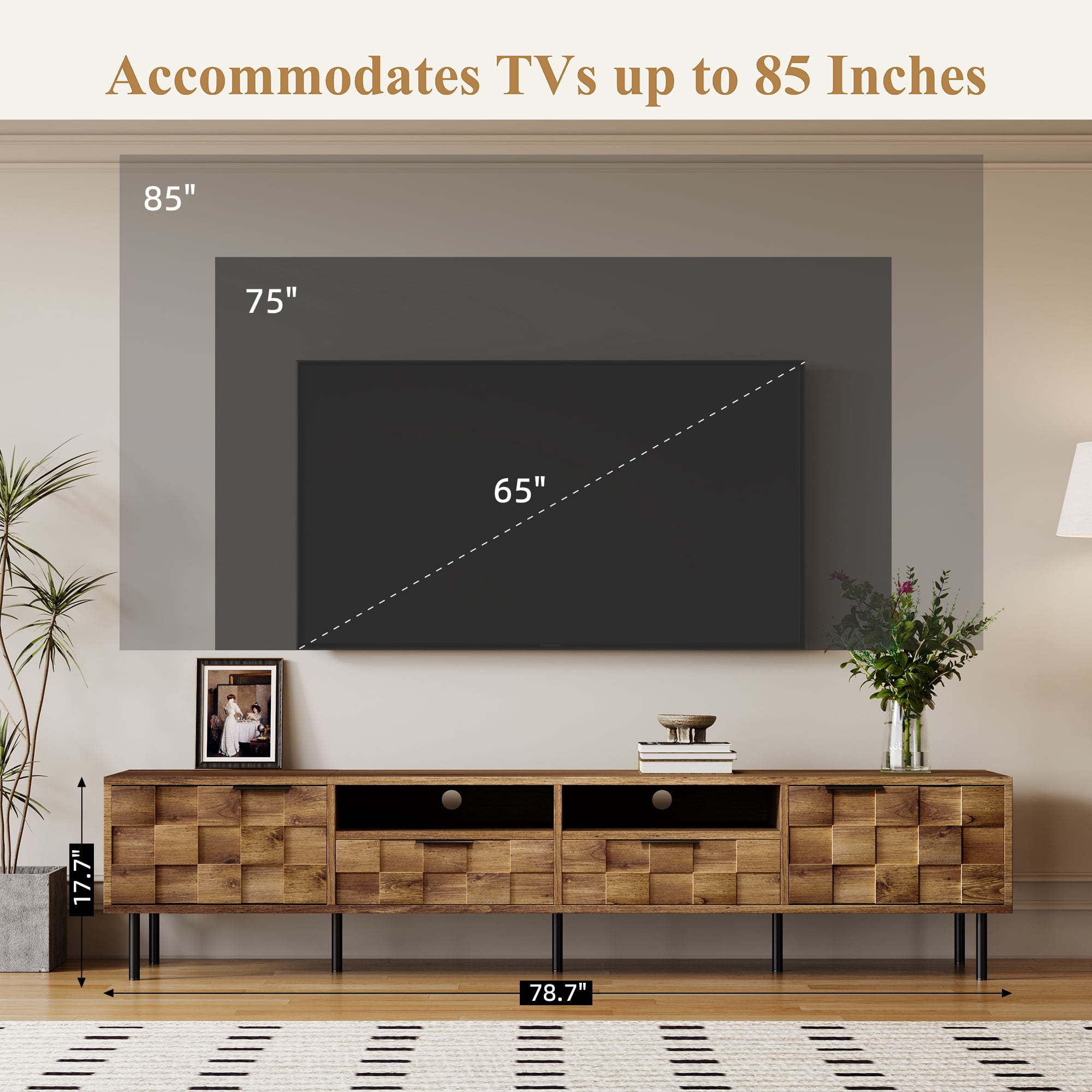 Aukfa 78.7" Mid-Century Modern TV Stand for TVs up to 85", Wood Media Console Entertainment Center,Checkered Design,Natural