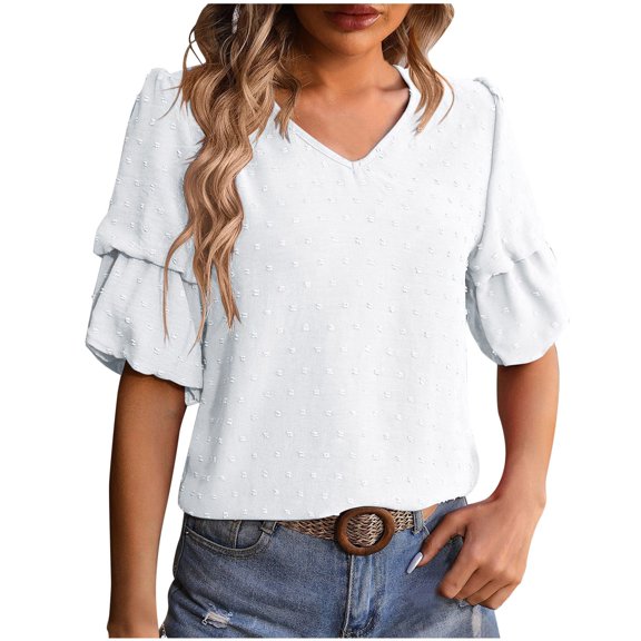 Women's Summer New V Neck Chiffon Top Bubble Sleeve Shirt