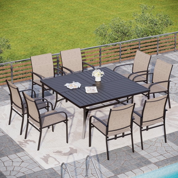 Sophia & William 9-Piece Patio Dining Set Outdoor Metal Square Table Set with 8 Brown Textilene Patio Chairs Furniture Set, Brown