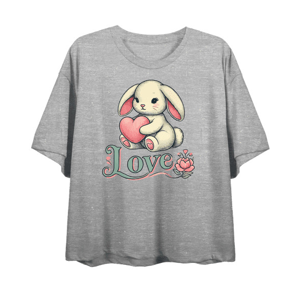 Bunny Love Women's Heather Gray Crew Neck Short Sleeve Crop Tee-Medium
