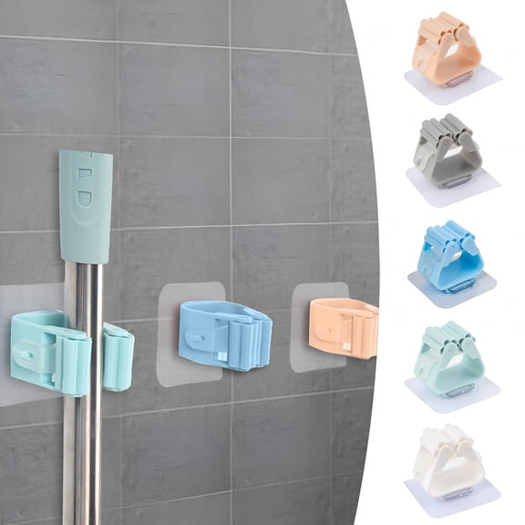 LAMIRO 5pc Mop Broom Holder Self Adhesive Reusable Wall Mounted Storage Rack No Drilling Broom Gripper Holder