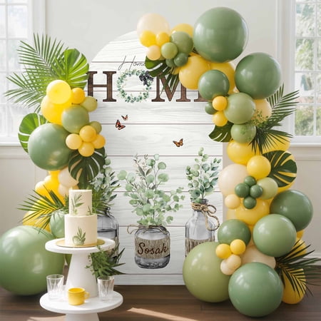 Farmhouse Arch Backdrop Cover 4FT Home Sweet Home Green Eucalyptus Wood Grain Spandex Arch Covers Double-Sided Backdrop for Wedding Birthday Party Photo Background Decoration