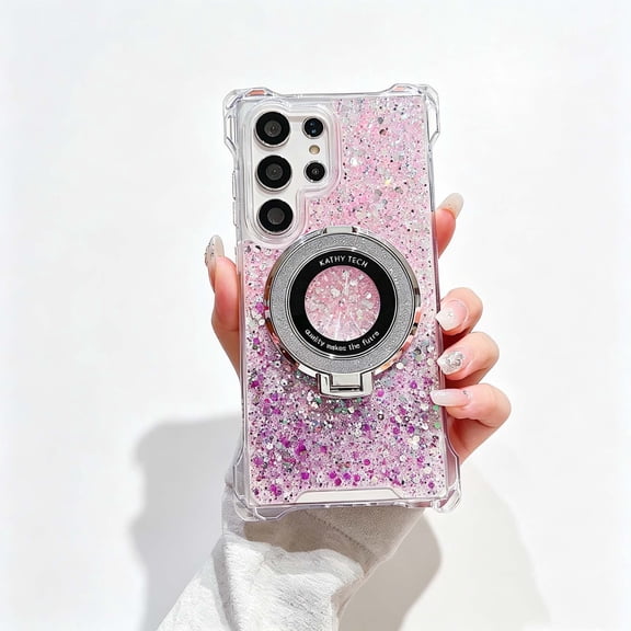 For Samsung Galaxy S25 FE Phone Case, Holographic Sparkle Glitter Case with Kickstand, Girls Women Bling Diamond Ring Protective Color Contrast Case for Samsung Galaxy S25 FE,Pink Purple