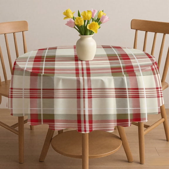 Vela Home Christmas Round Tablecloth 60 Inch, Cream Red Green Plaid Holiday Table Cloth, Polyester Washable Decorative Table Cover for Dining Room Kitchen Party Wedding Home Decor
