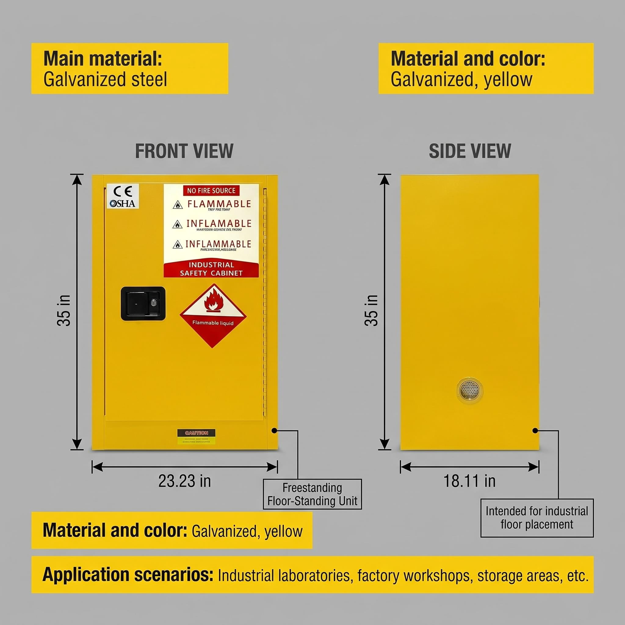12 Gallon Flammable Storage Cabinet 35H x 18.11D x 23.23W - OSHA, Galvanized Steel Flammable Cabinet, Adjustable Shelf for Commercial Industrial Home Use