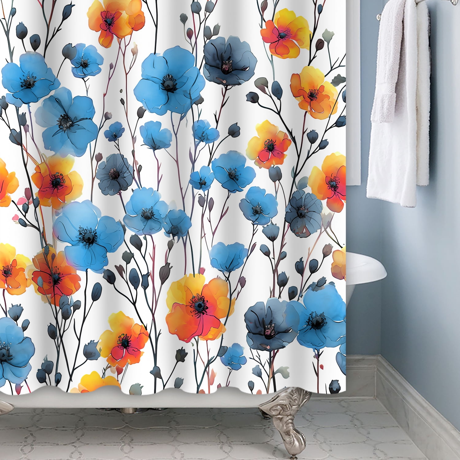 MIZHONA Boho Floral Shower Curtain for Bathroom Waterproof Abstract Aesthetic Decorative Blue 47"X64"