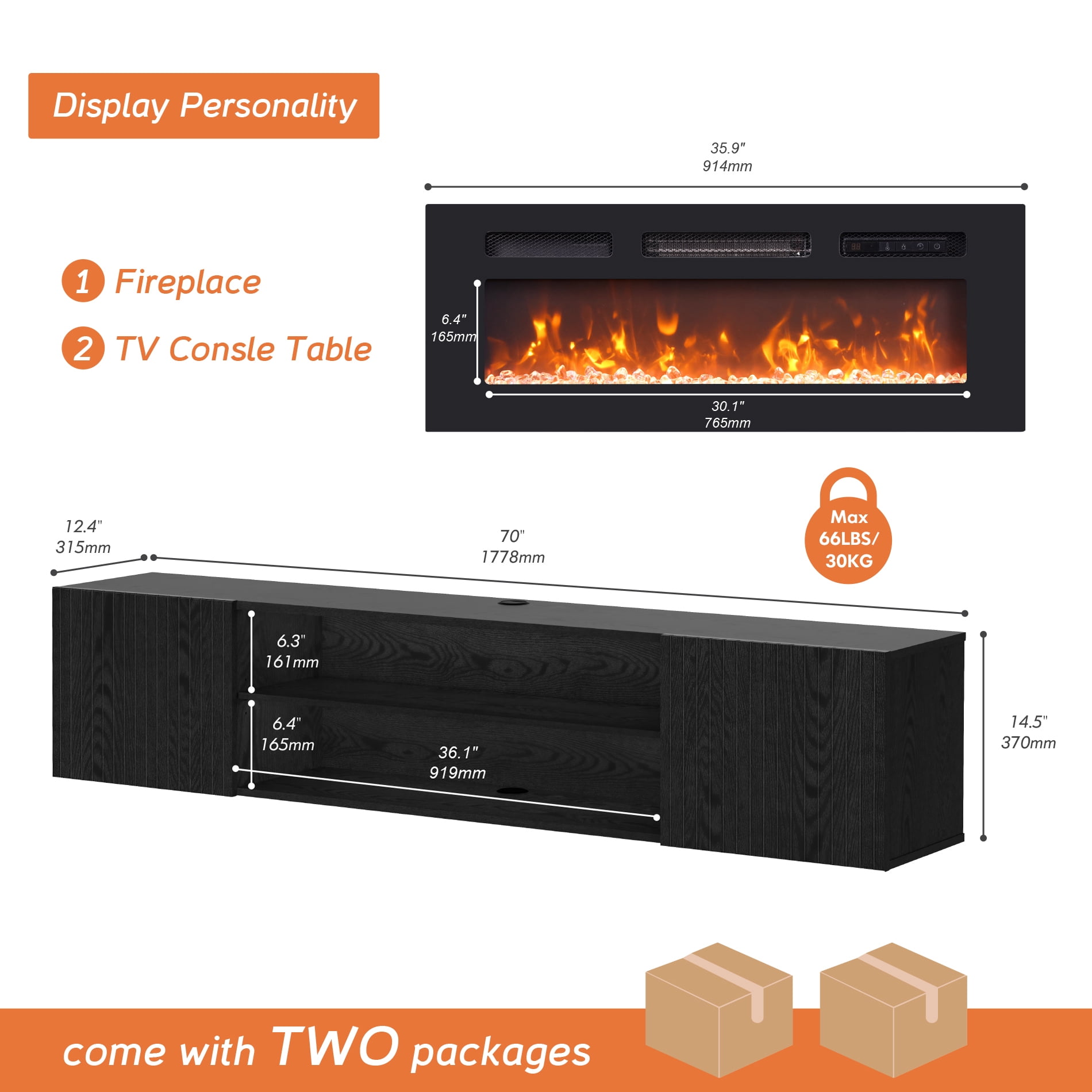 Fireplace Floating TV Stand with Fluted Doors and Yellow Light for TVs up to 80inch
