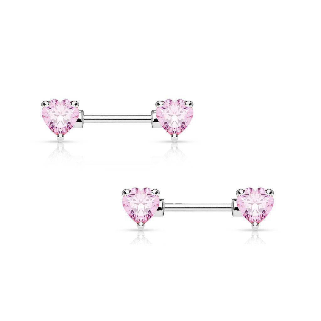 Pair of Double Heart Gem Nipple Rings Shields Barbells 14 Gauge 1/2