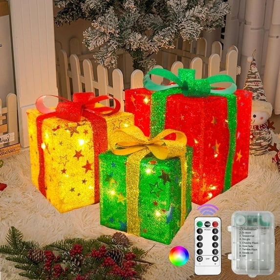 Christmas Lighted Gift Boxes Set of 3, 50 LED with Gold Stars and Colorful Bows, Battery Operated Christmas Lights Decoration for Home, Parties, Holidays