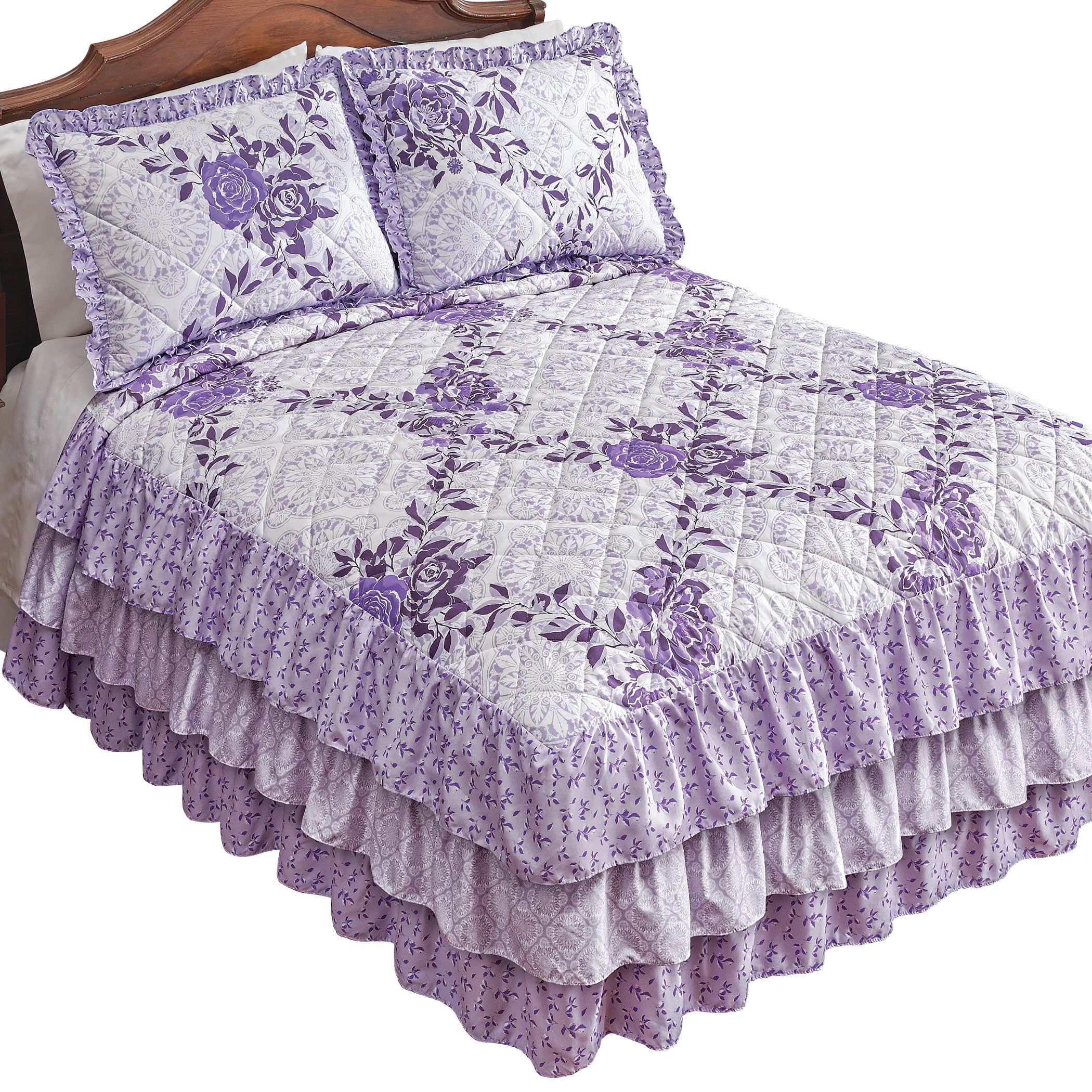 Goldstar ® Rosaleen Lilac Double Quilted Bedspread Polycotton Floral Printed Frilled Throw With 2 Pillow Shams