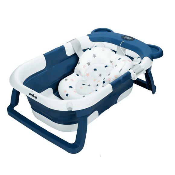 Bañera Tina Bebe Con Cojín 2pz Belug, Azul Marino con blanco