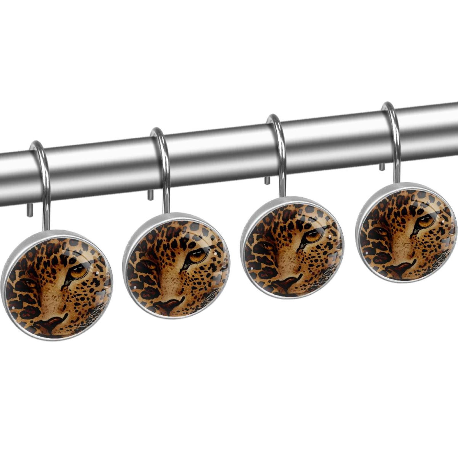 Leopard Skin Texture Shower Curtain Hooks Round Crystal Glass, Set of 12 Shower Curtain Rings - Shower Hooks for Curtain Shower Rings