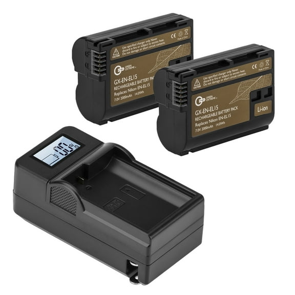 Green Extreme EN-EL15 7V 2000mAh Lithium-Ion Battery Pack, 2-Pack, Bundle with Green Extreme Compact Smart Charger Base with LCD Screen