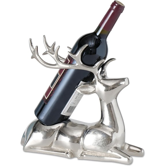 Recumbent Deer Wine Holder, Single Bottle Display Rack, Silver, Hand Cast Aluminum Nickel, 11.75 Inches Long
