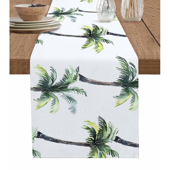 Green Palm Trees Table Runner 72 Inches, Watercolor Summer Botanical Bed Runner Dresser Scarves Tabletop for Indoor Outdoor Parties/Ceremony/Banquet, 13" x 72"