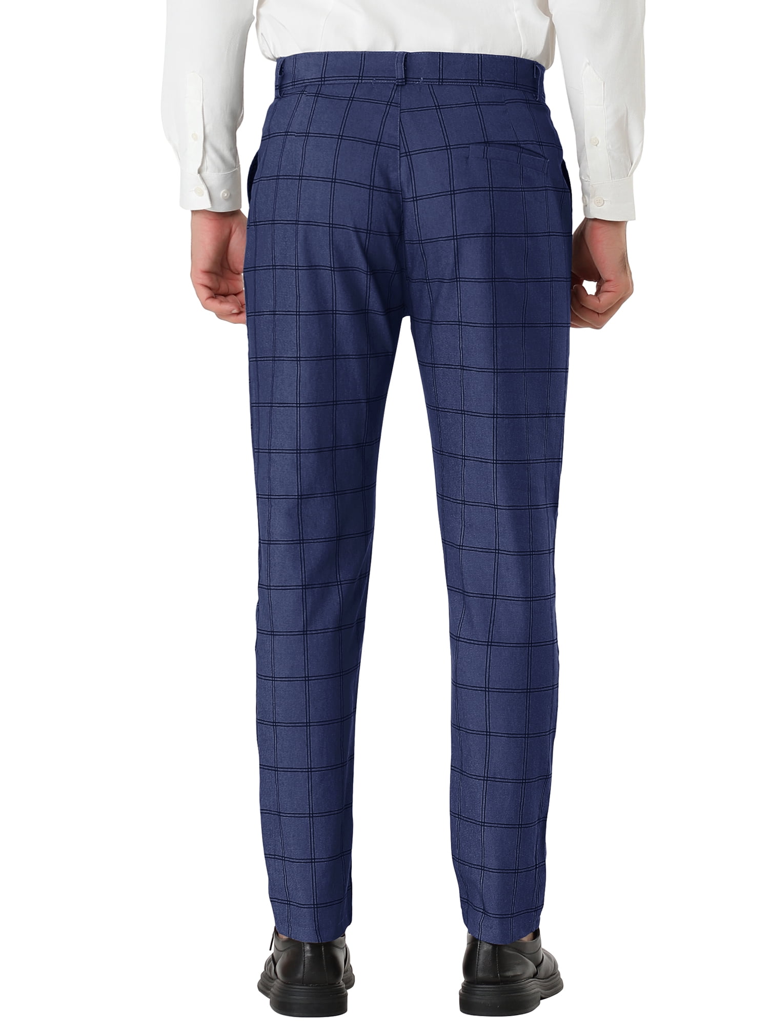 Unique Bargains Men's Slim Fit Plaid Business Pants Trousers with Pockets 36 Navy Blue