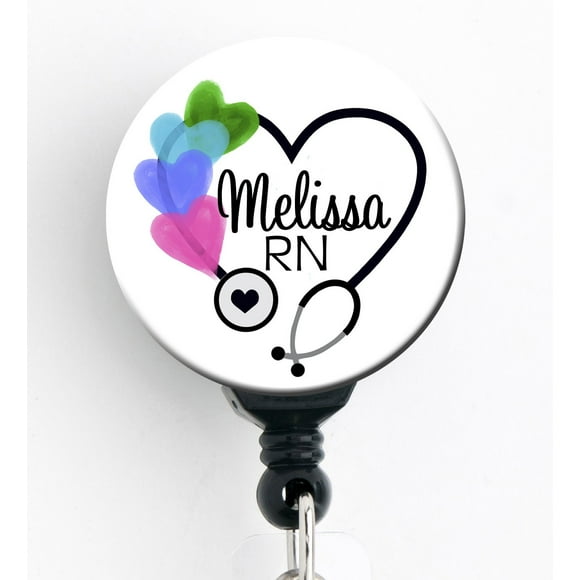 Retractable Badge Reel - Colorful Hearts Steth - Personalized Name - Badge Holder/RN/LPN/RT/Nurse Gift/Student Nurse