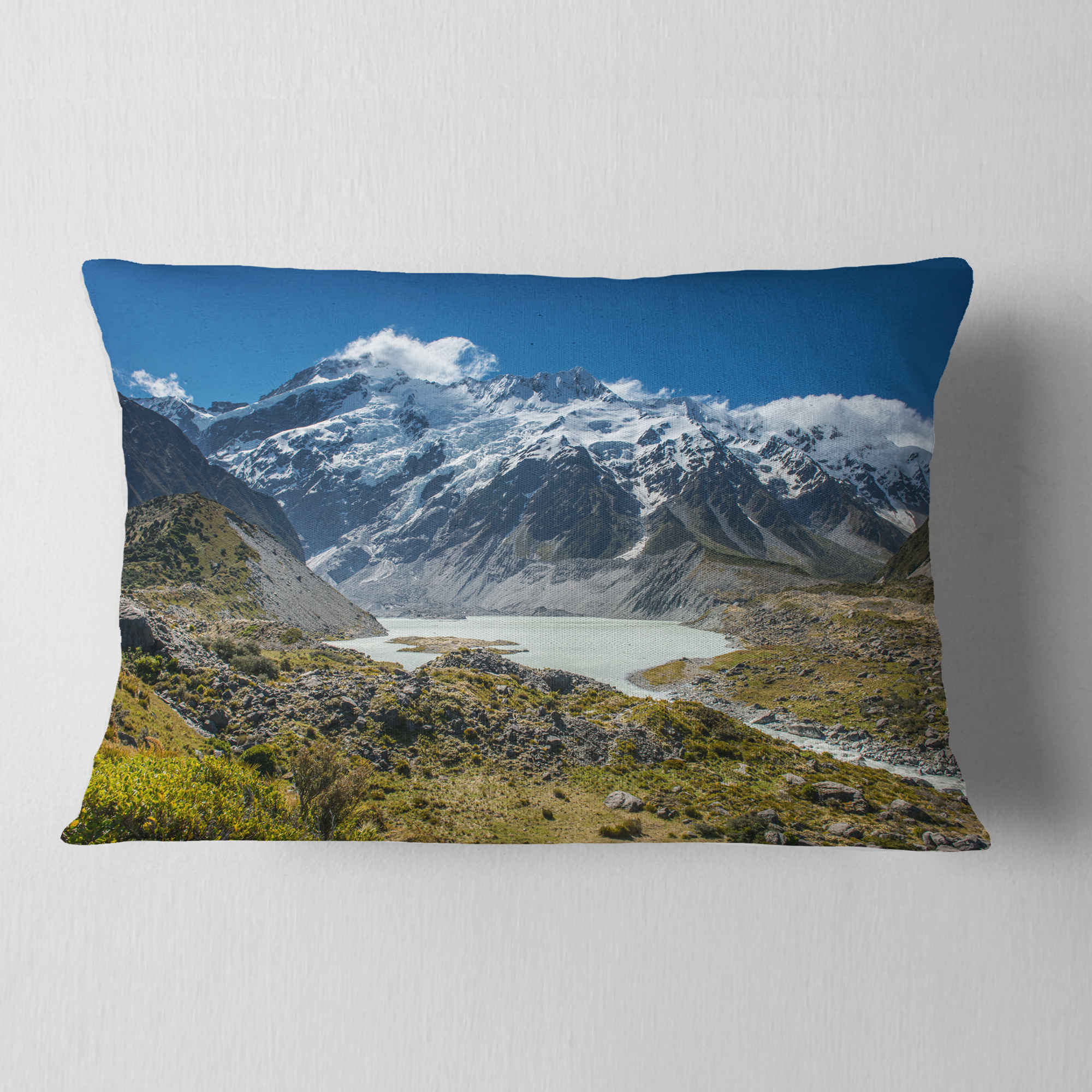 Designart Green and White Mountains New Zealand - Landscape Printed Throw Pillow - 12x20