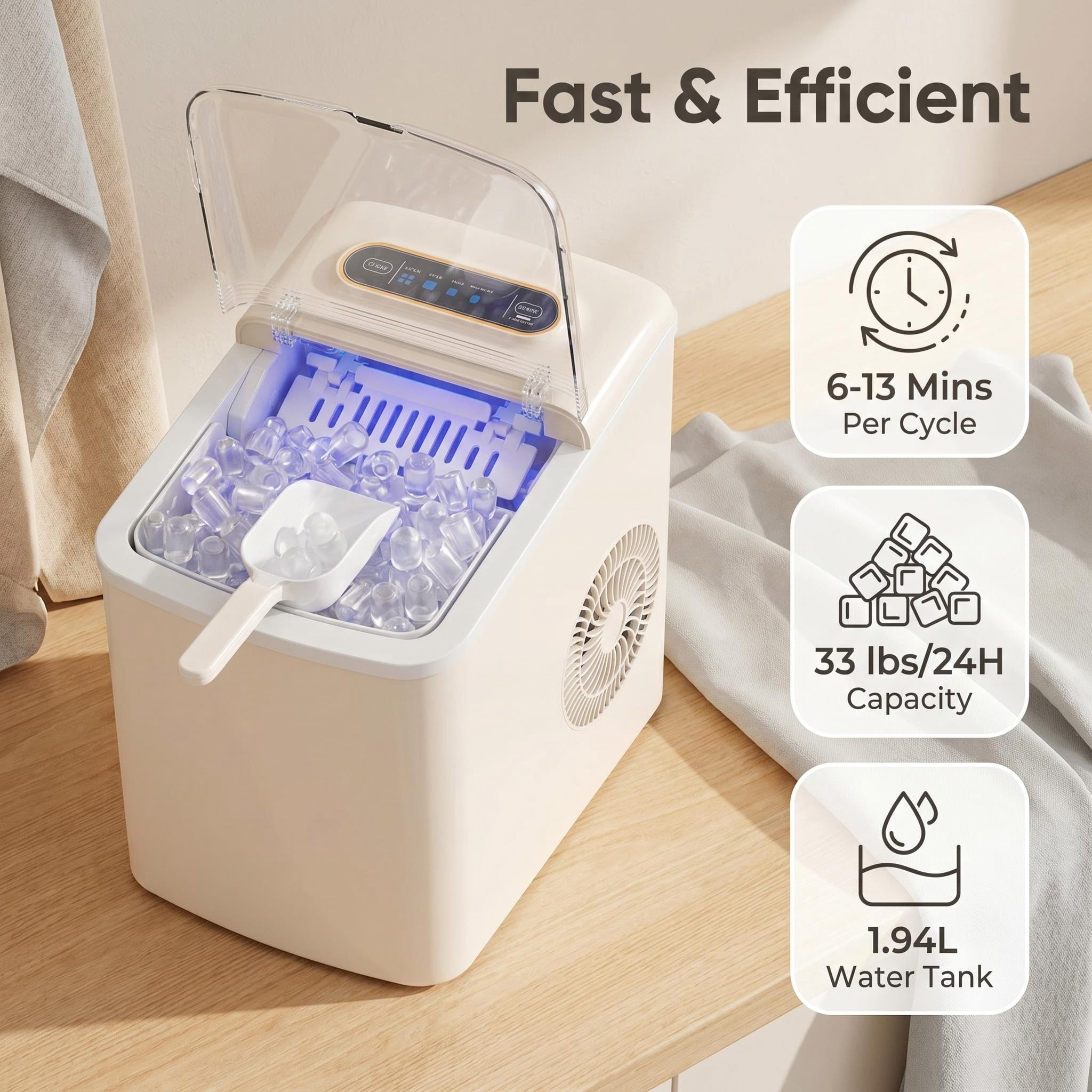 Ice Cube Maker Machine Countertop, 33Lbs/24H 9 Pcs Ice Cubes in 13 Mins, Self-Cleaning Portable Ice Maker for Home Kitchen,Bar