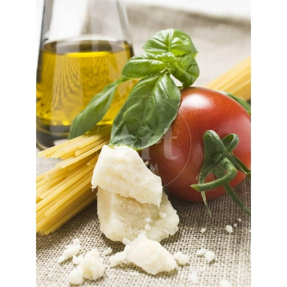 Tomato with Spaghetti, Parmesan, Basil and Olive Oil, World Culture Unframed Photographic Print Wall Art Sold by Art.Com