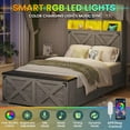 thumbnail image 3 of Twin Size Bed Frame with High Headboard, Farmhouse Platform Bed with LED Lights and Charging Station,Twin Bed Frame with Storage Ottoman, No Box Spring Needed, Rustic Oak, 3 of 8