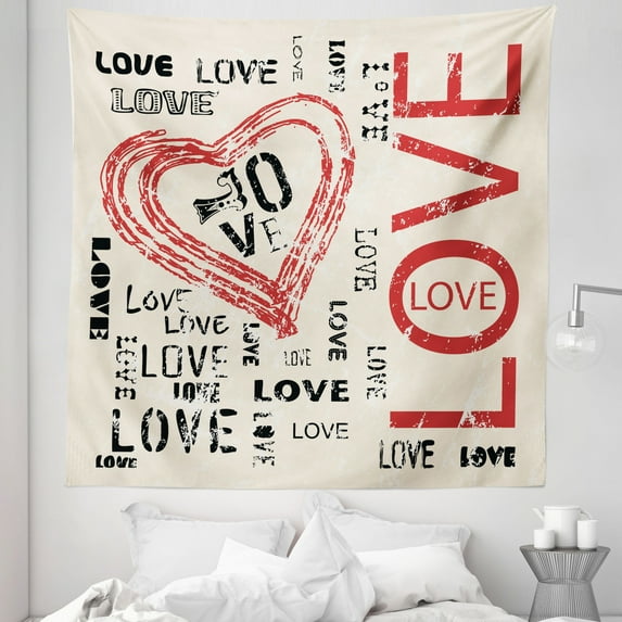 Love Tapestry, Vintage Love Lettering with Abstract Backdrop Celebration Emotions, Fabric Wall Hanging Decor for Bedroom Living Room Dorm, 5 Sizes, Beige Vermilion Black, by Ambesonne