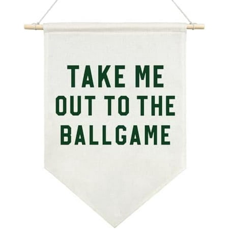 "Take Me Out to the Ballgame" canvas pennant banner. Sports-themed wall decor for kids' rooms or baseball fans.