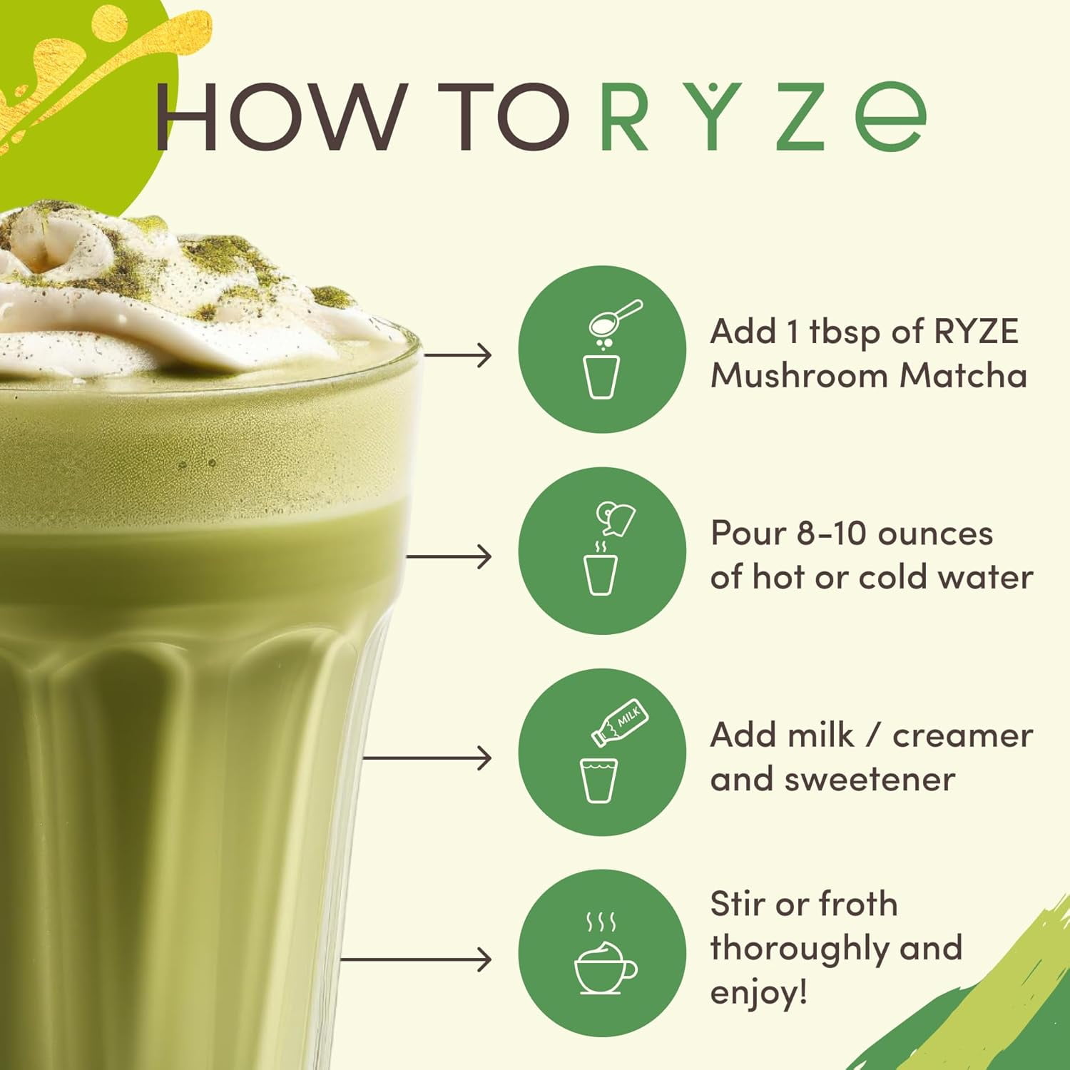 RYZE Mushroom Matcha USDA Organic with 6 Adaptogenic Mushrooms for Energy, Focus, Digestion, Immunity with Turkey Tail, Lions Mane, Reishi, 30 Serving