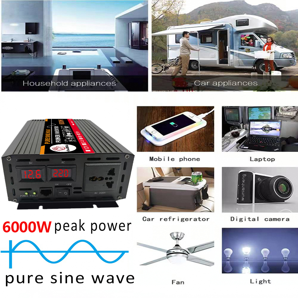 Pure Sine Wave Inverter, 6000W Power Inverter DC12V to AC 120V Car Battery Power Converter Adapter