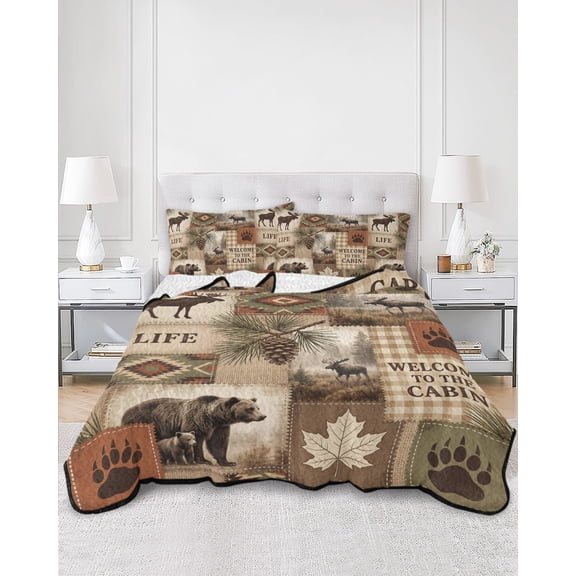 Quilts Twin XL Size, Moose Bear Soft Comforter Bedding Set for Bed, Forest Wildlife Pinecone Branch Rustic Country Lightweight Quilted Bedspread with Pillow Cover(2 Pieces) for All Season, 68x98 Inch