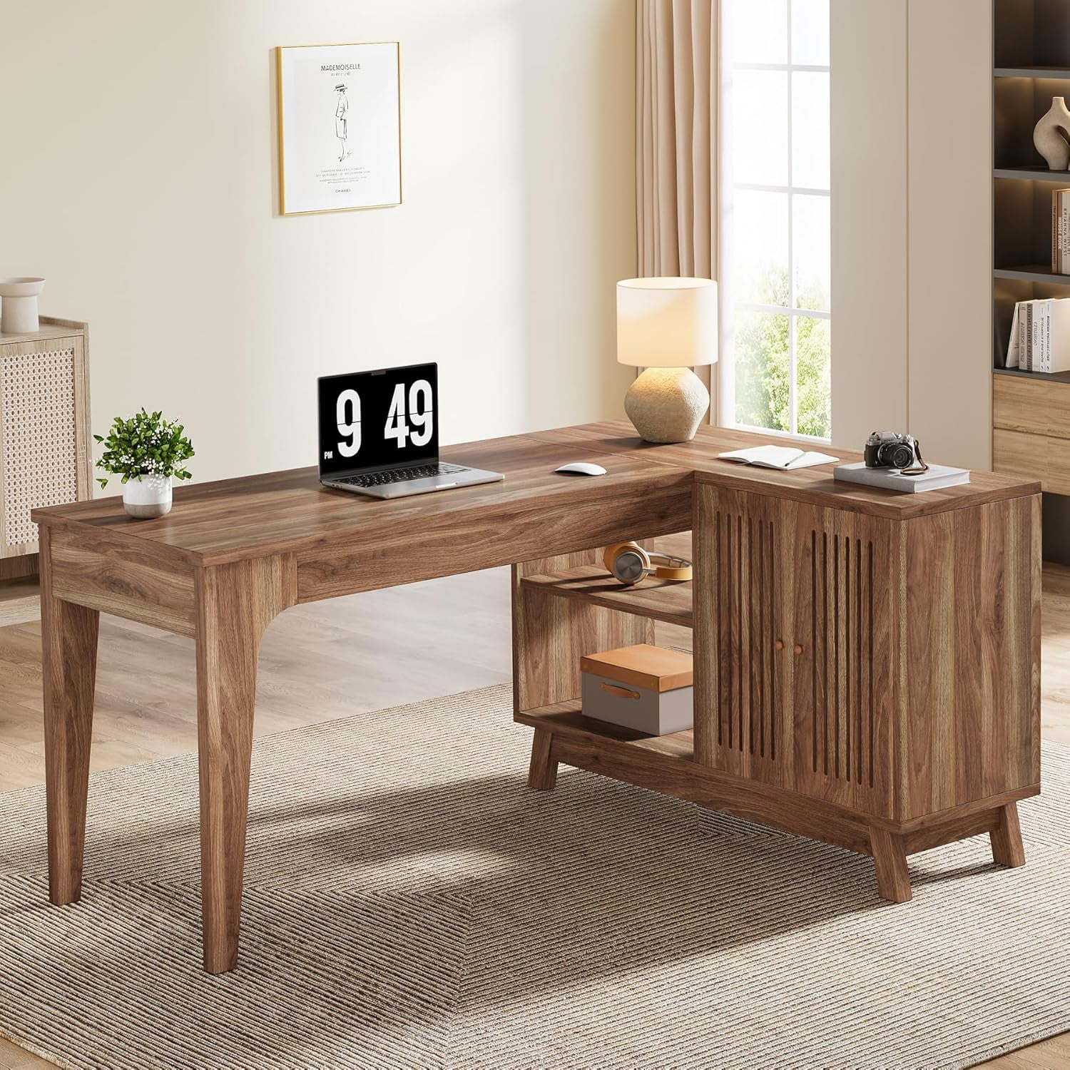 Tribesigns 57-Inch Wood L-Shaped Corner Computer Desk, Study Writing Table with Storage Shelves, Workstation with Cabinet for Home Office, Walnut