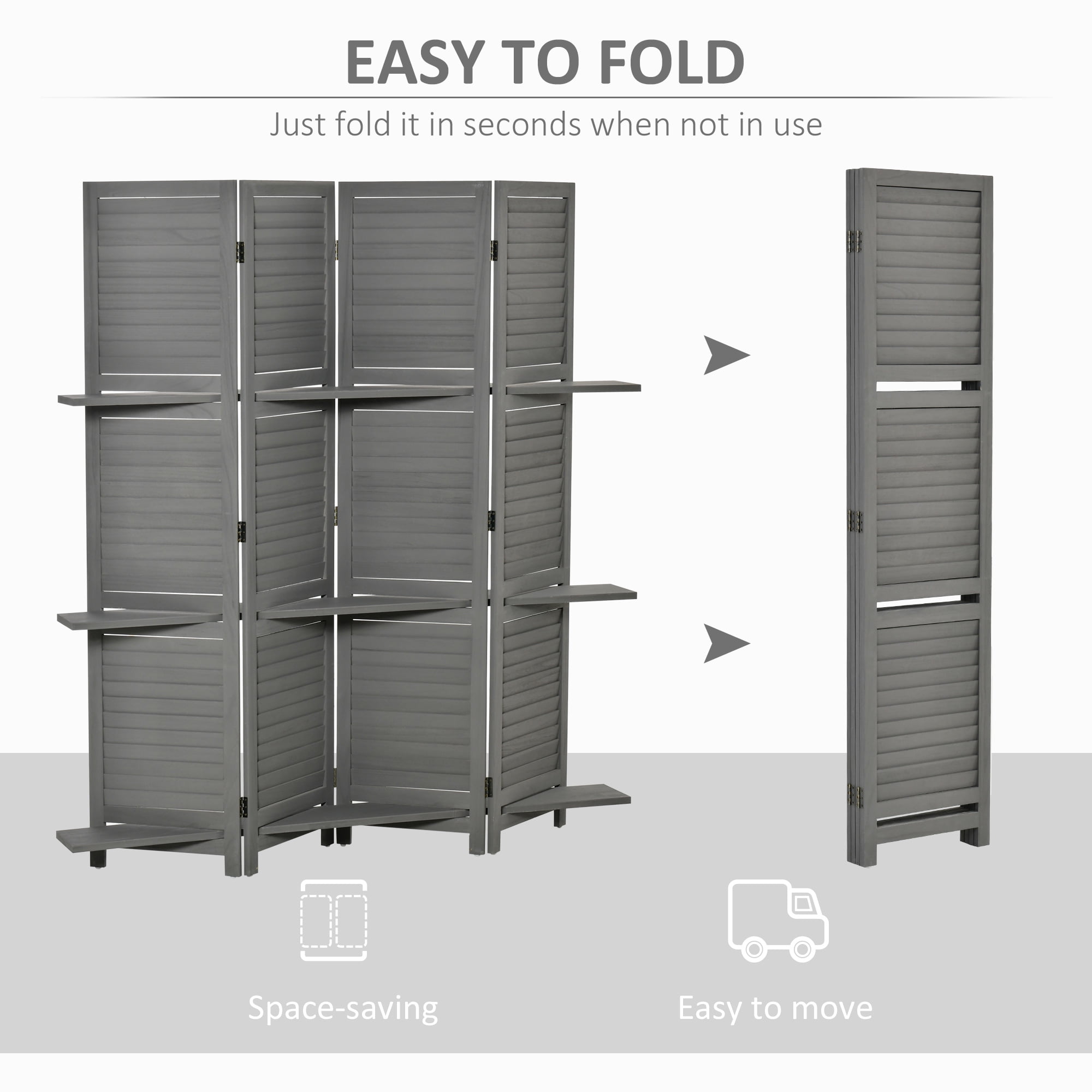 HOMCOM 4 Panel Wood Privacy Screen Room Divider with 3 Shelves 67" Grey