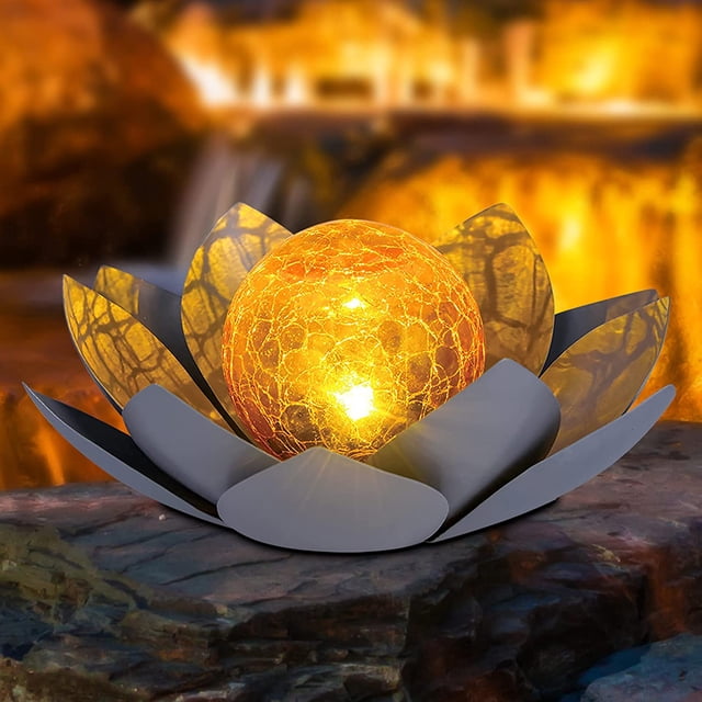Luces solares para decoración de jardín al aire libre, decoración de loto de cristal de globo craquelado ámbar, luz de flor de metal impermeable para patio, césped, pasarela, mesa WD.WDQZL Hogar